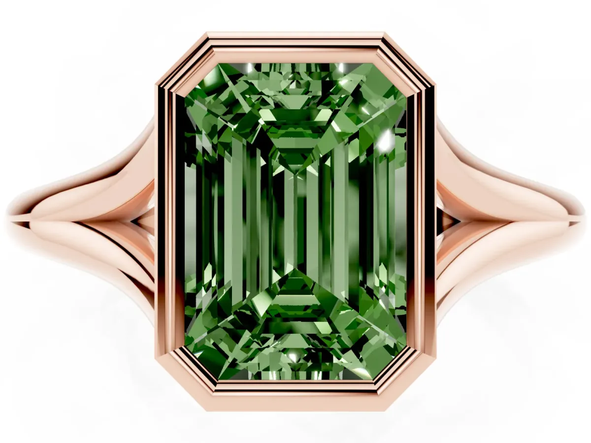 Fancy Green Bezel Set Emerald Cut Cut Solitaire Ring with Tapered Band Rose gold