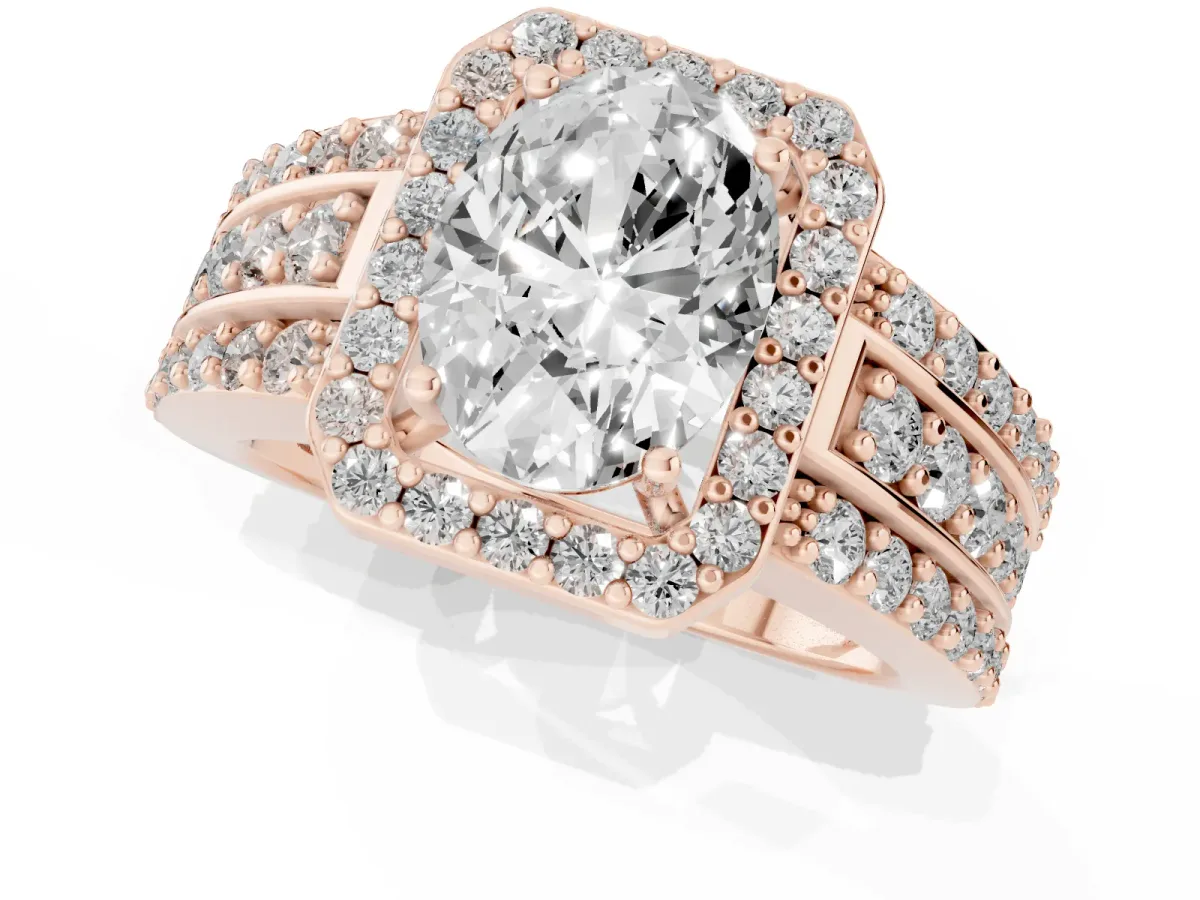 Oval Cut Halo Diamond Ring with Round Split Shank and Prong Setting Rose gold