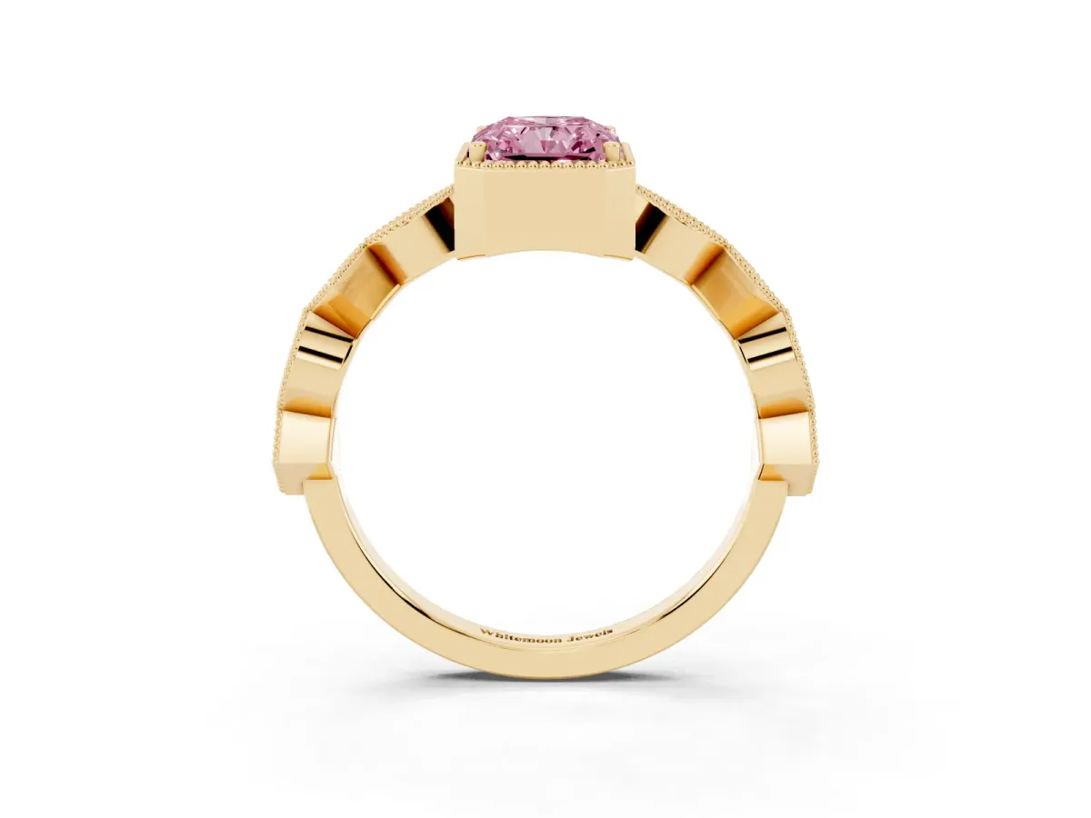 Fancy Pink Radiant Cut Milgrain Marquise Diamond Twist Band Ring Yellow gold