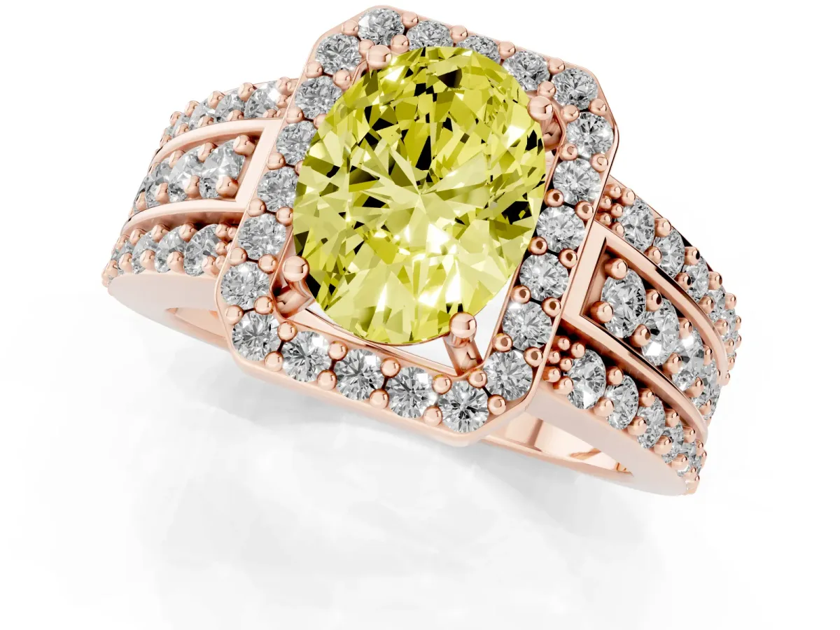 Fancy Yellow Oval Cut Halo Diamond Ring with Round Split Shank and Prong Setting Rose gold