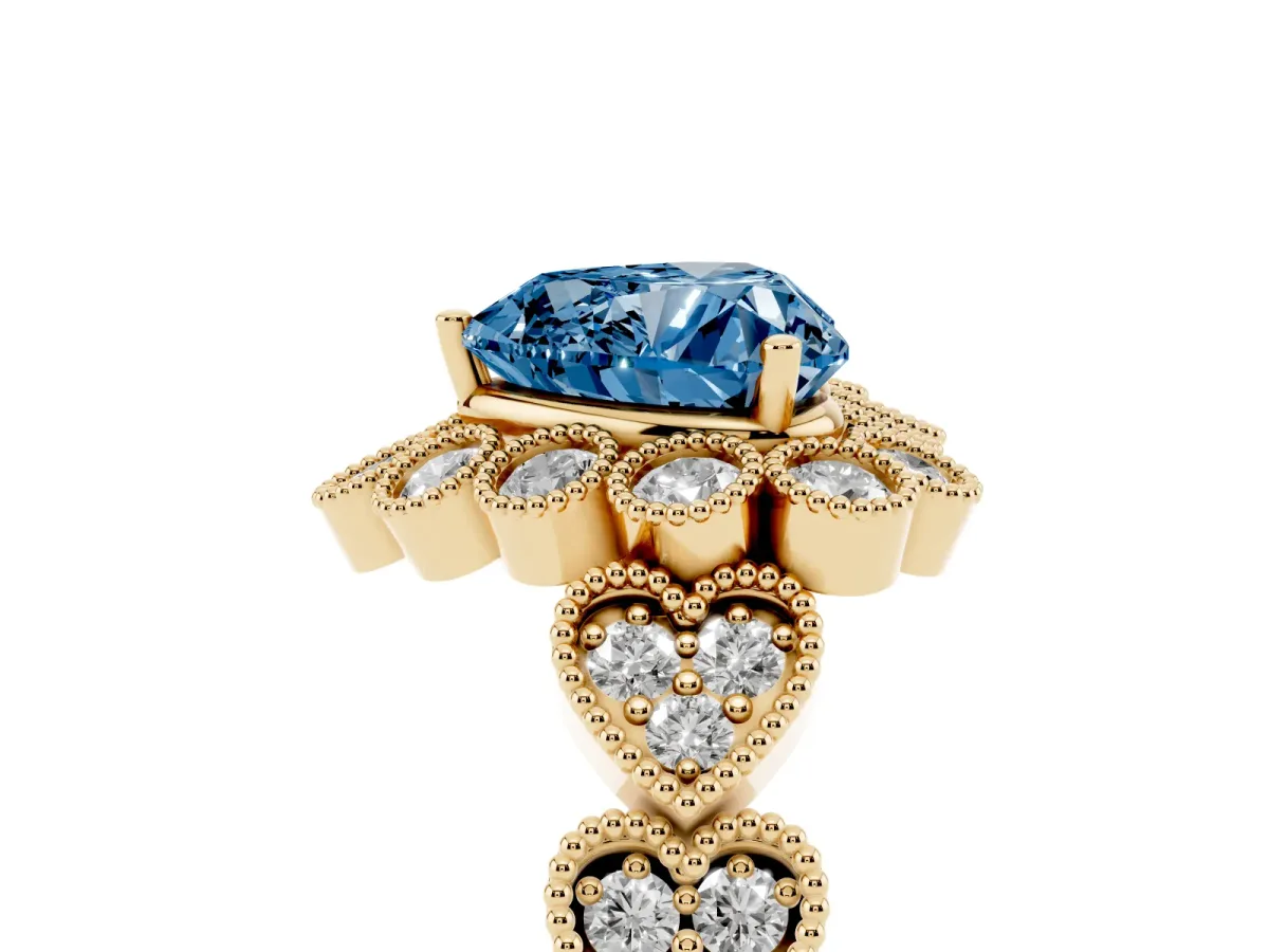 Fancy Blue Heart Cut Brilliant Milgrain Pave Heart Band Solitaire Ring Yellow gold