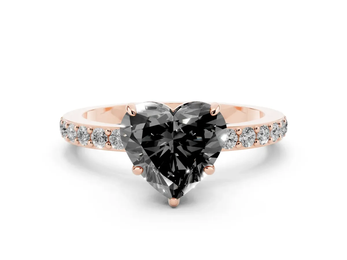 Fancy Black Heart Cut Diamond Pavé Engagement Ring with Round Accents and Prong Setting Rose gold