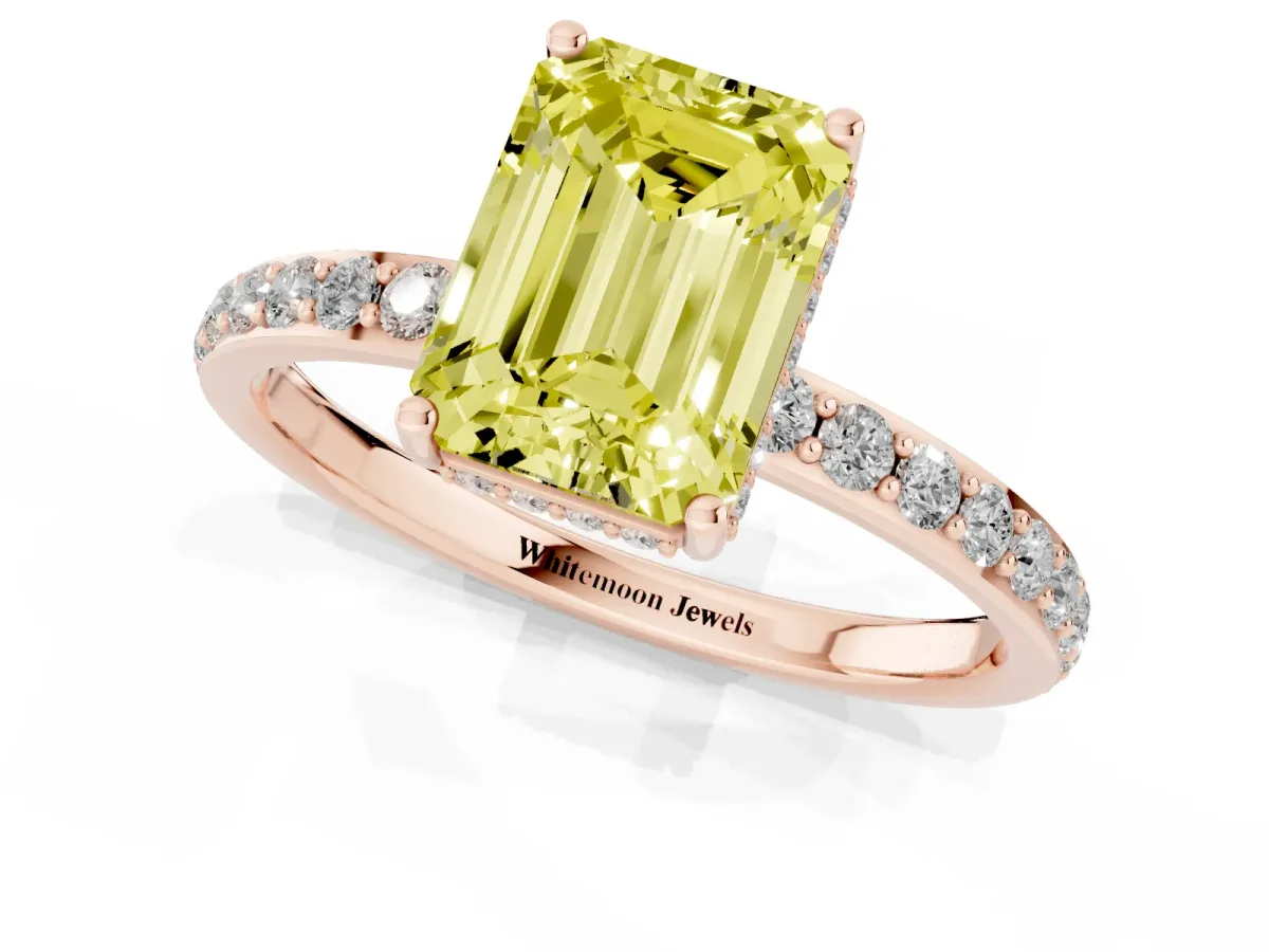 Fancy Yellow Emerald Cut Diamond Solitaire Ring with Pavé Band and Hidden Halo Rose gold