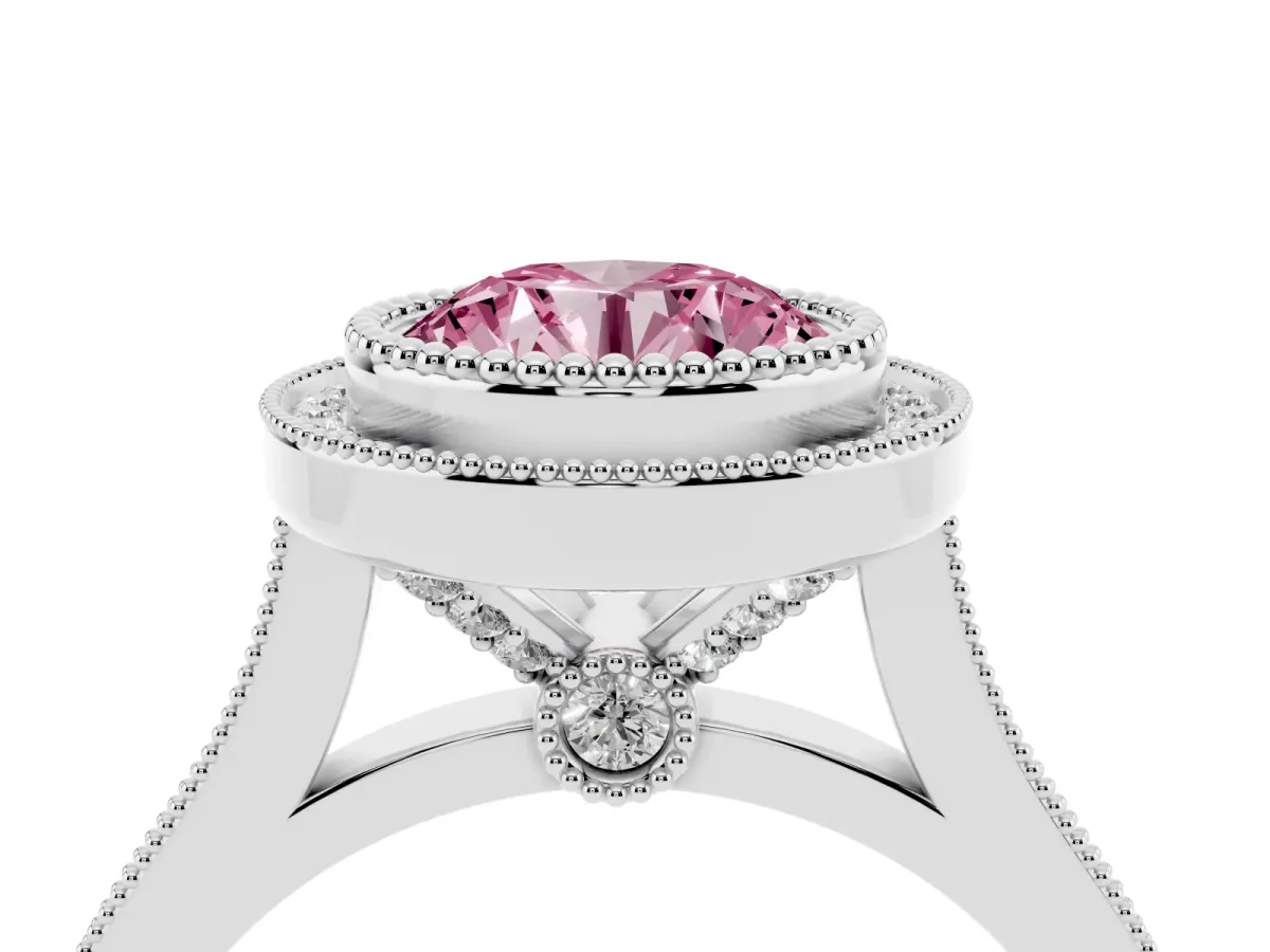 Fancy Pink Round Cut Diamond Halo Ring with Milgrain Frame and Pavé Band Silver