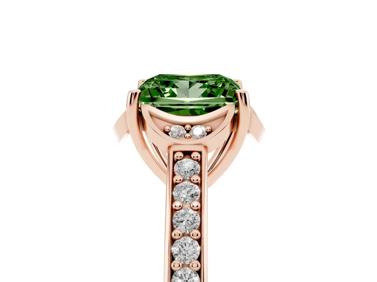 Fancy Green Princess Cut Cut Halo Diamond Ring with Channel Set Band and Four-Prong Setting Rose gold