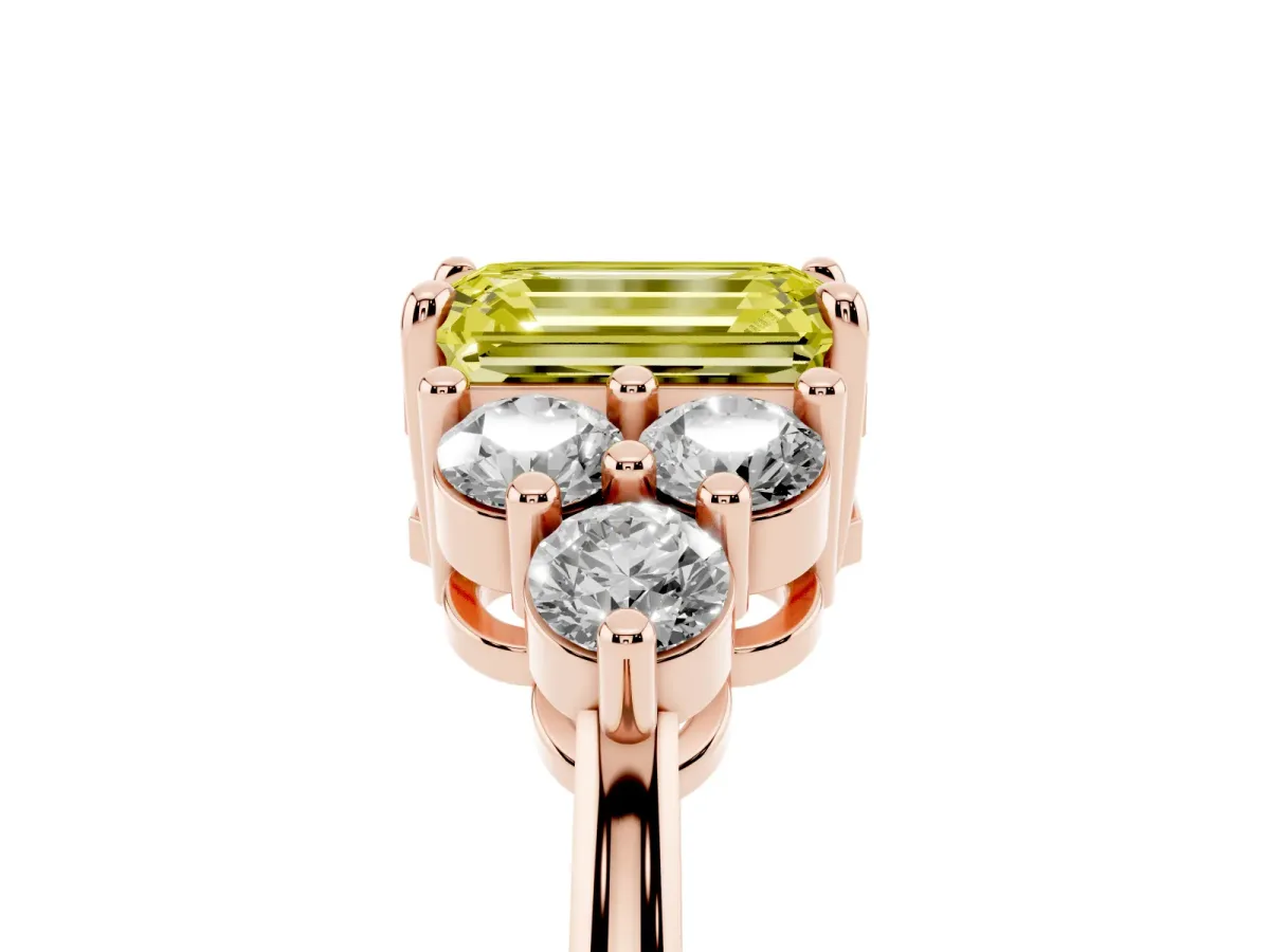 Fancy Yellow Emerald Cut Brilliant Diamond Cluster Accent Solitaire Ring with Prong Setting Rose gold