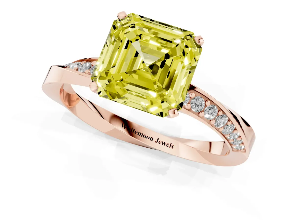 Fancy Yellow Asscher Cut Diamond Engagement Ring with Side Stone Accents and Four-Prong Setting Rose gold