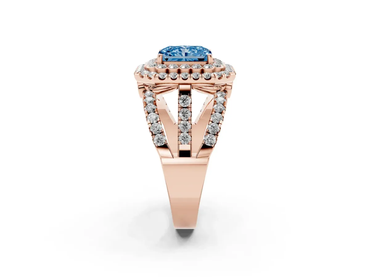 Fancy Blue Radiant Cut Diamond Double Halo Ring with Round Pavé Split Shank and Prong Setting Rose gold