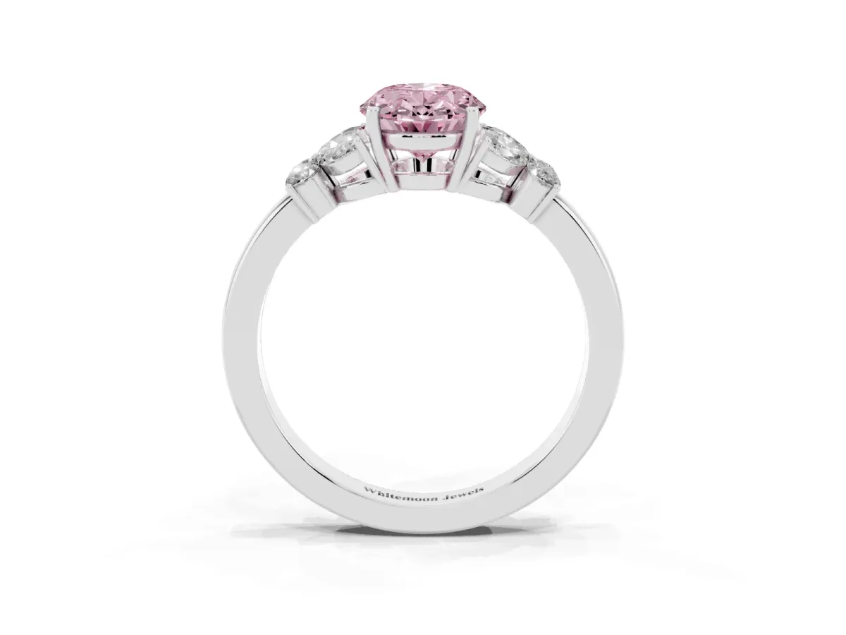 Fancy Pink Oval Cut Cut Solitaire Floral Diamond Ring with Four-Prong Setting Silver
