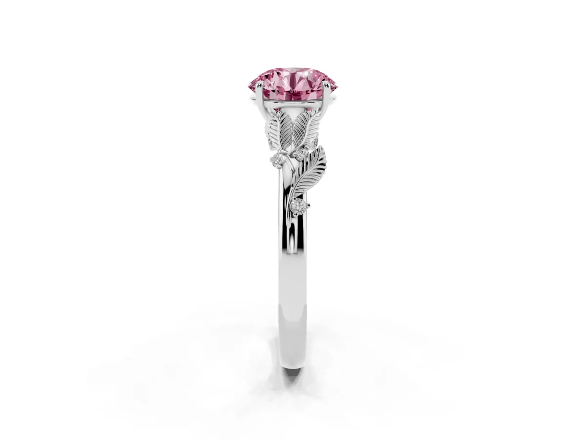Fancy Pink Round Cut Diamond Solitaire Ring with Leaf Motif Band and Four-Prong Setting Platinum