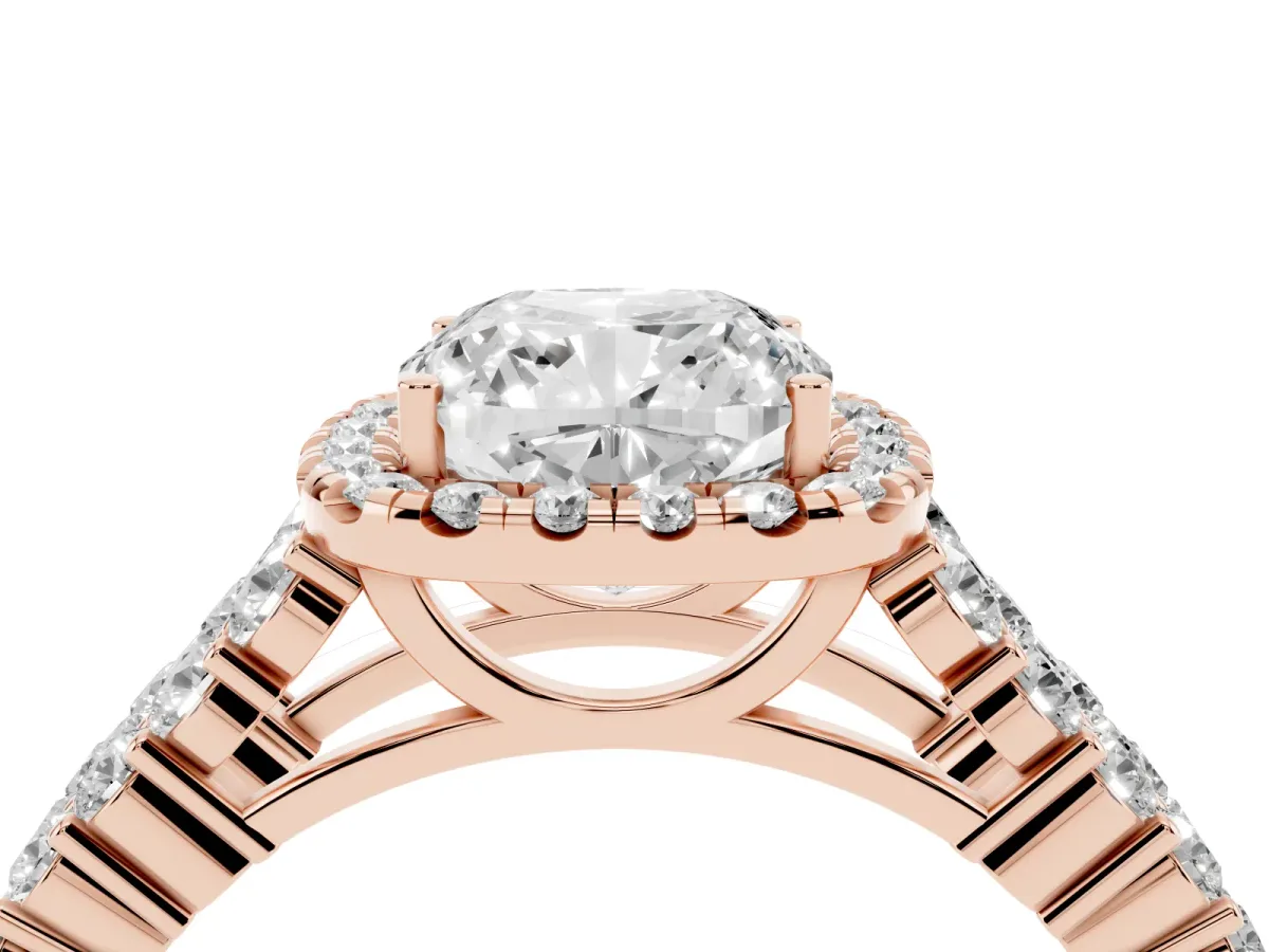 Cushion Cut Diamond Halo Engagement Ring with Triple Row Round Pavé Band and Prong Setting Rose gold