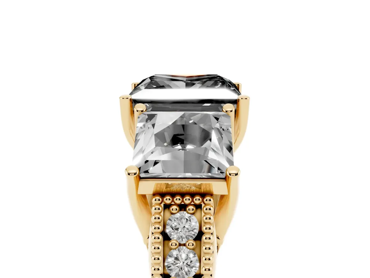 Fancy Black Three-Stone Princess Cut Cut Milgrain Pavé Engagement Ring Yellow gold