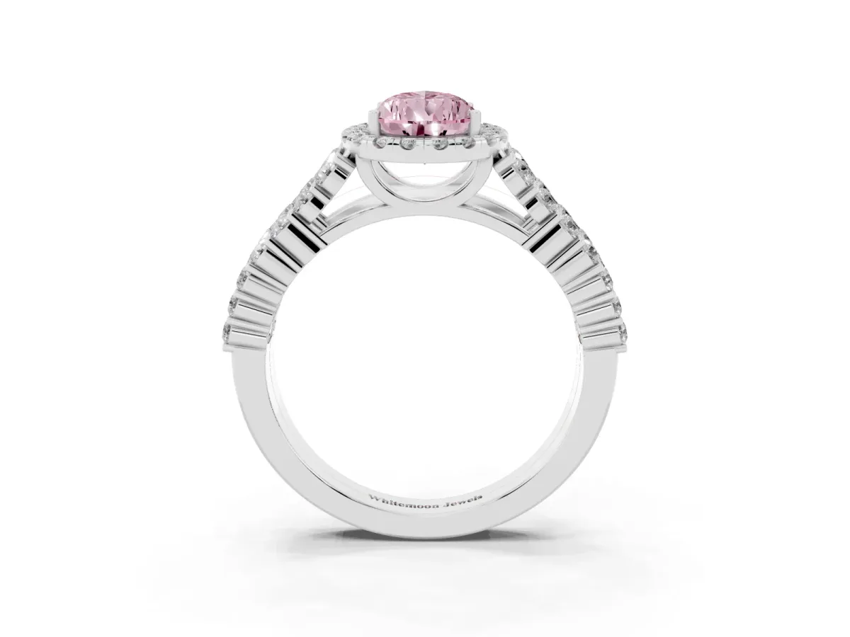 Fancy Pink Pear Cut Diamond Halo Engagement Ring with Triple Row Round Pavé Band and Prong Setting Silver