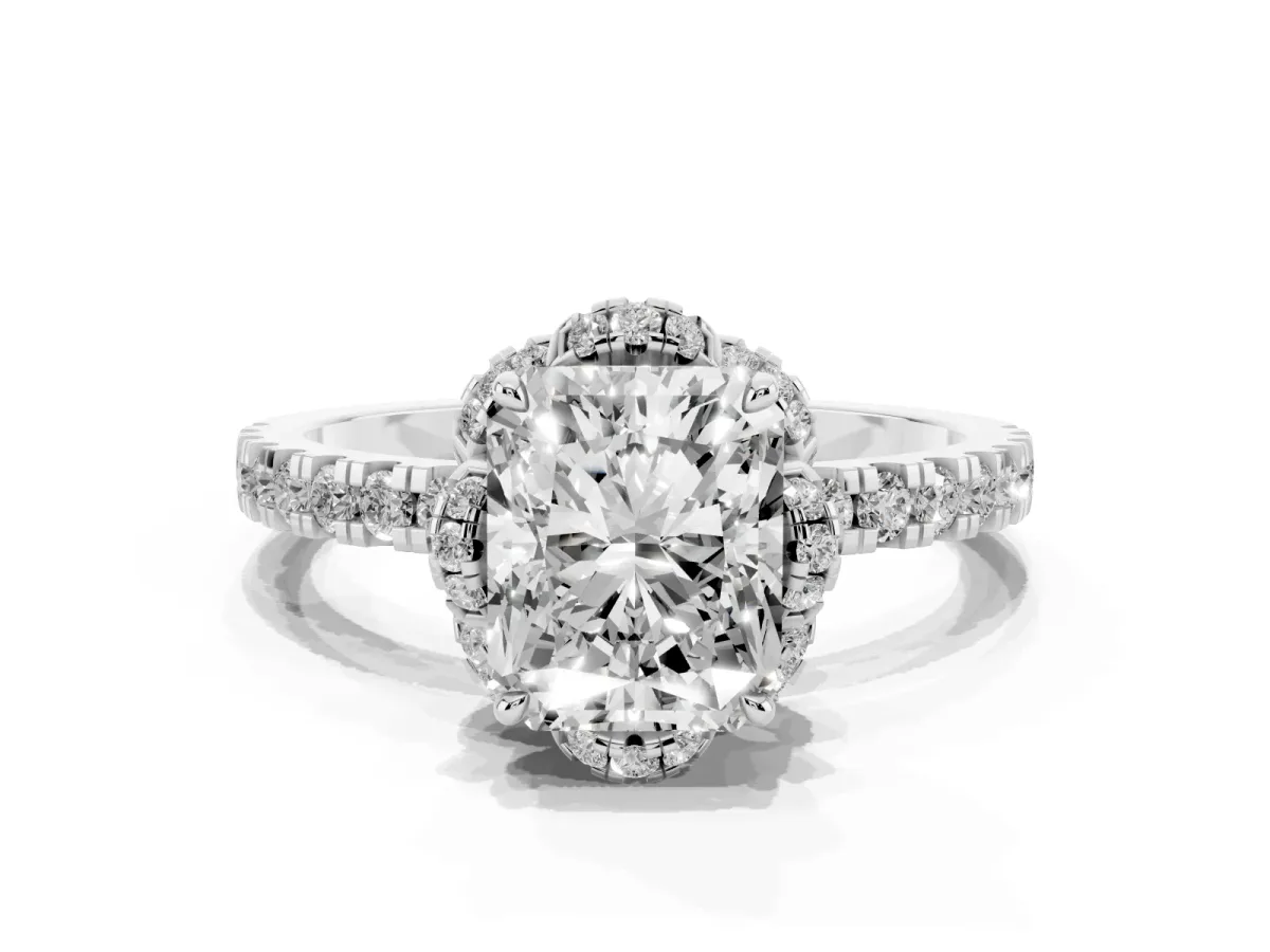 Radiant Cut Diamond Halo Pave Band with Four-Prong Setting Silver