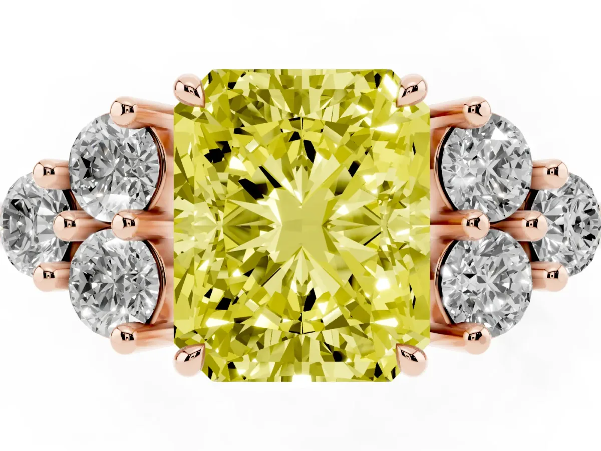 Fancy Yellow Radiant Cut Brilliant Diamond Cluster Accent Solitaire Ring with Prong Setting Rose gold