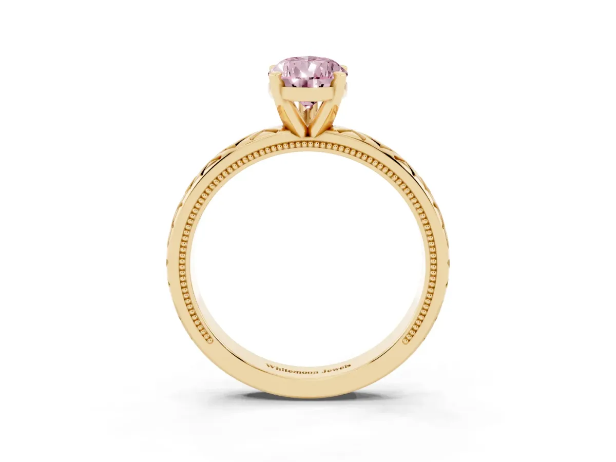 Fancy Pink Pear Cut Solitaire Diamond Ring with Milgrain and Black Enamel X Pattern Band Yellow gold