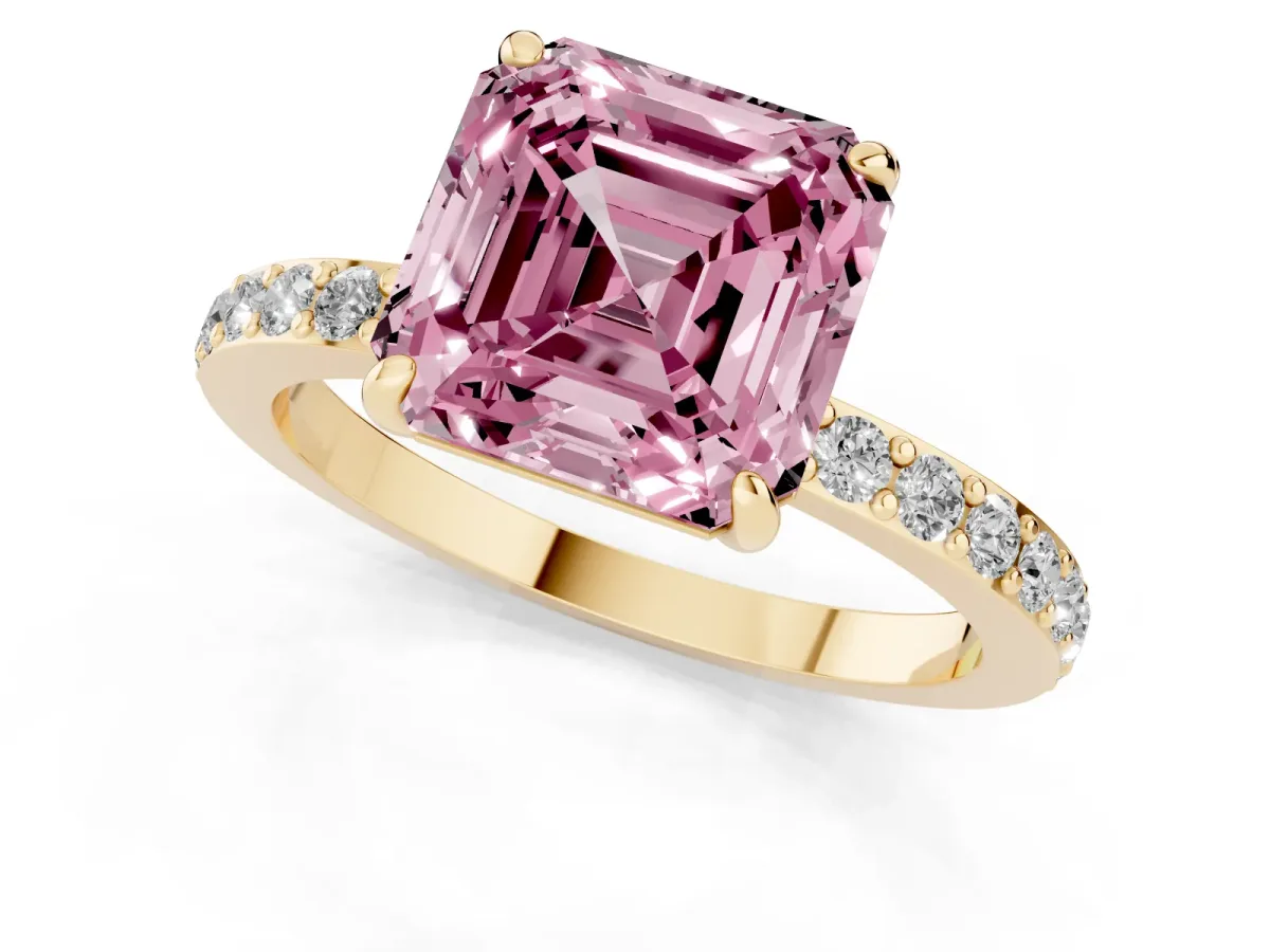 Fancy Pink Asscher Cut Diamond Solitaire Engagement Ring with Pavé Band and Four-Prong Setting Yellow gold