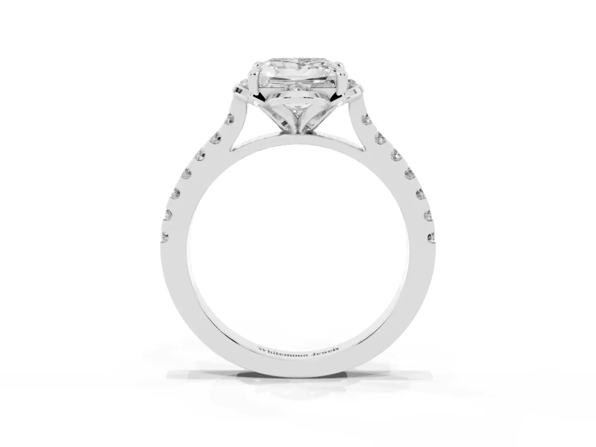 Princess Cut Diamond Ring with Pavé Band and Floral Prong Setting Silver