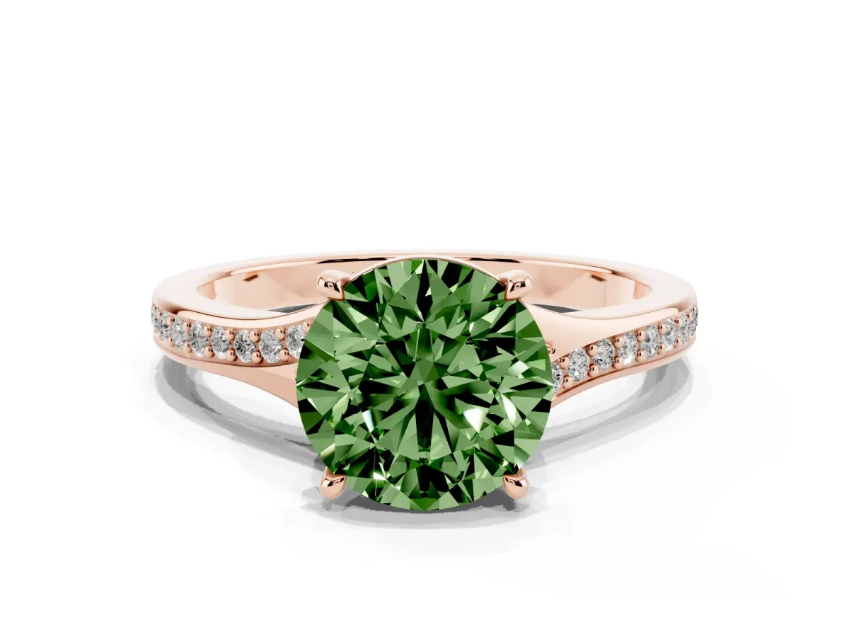 Fancy Green Round Cut Diamond Solitaire Ring with Pavé Band and Prong Setting Rose gold