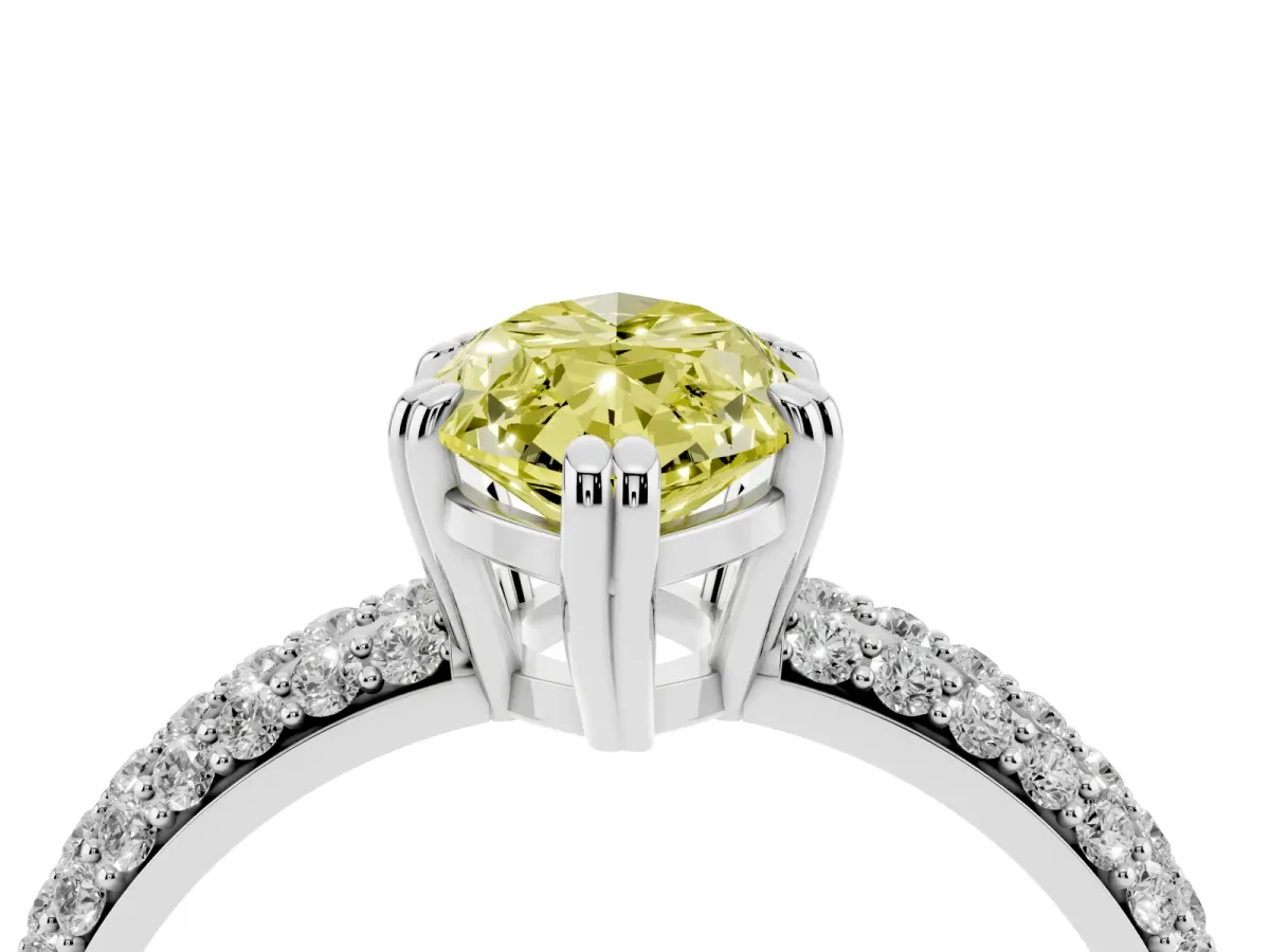 Fancy Yellow Marquise Cut Diamond Solitaire Ring with Multi-Row Round Pavé Band and Prong Setting White gold