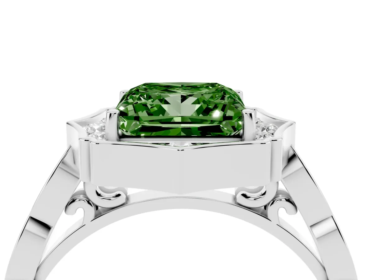 Fancy Green Princess Cut Halo Diamond Engagement Ring with Milgrain Band and Four-Prong Setting Silver