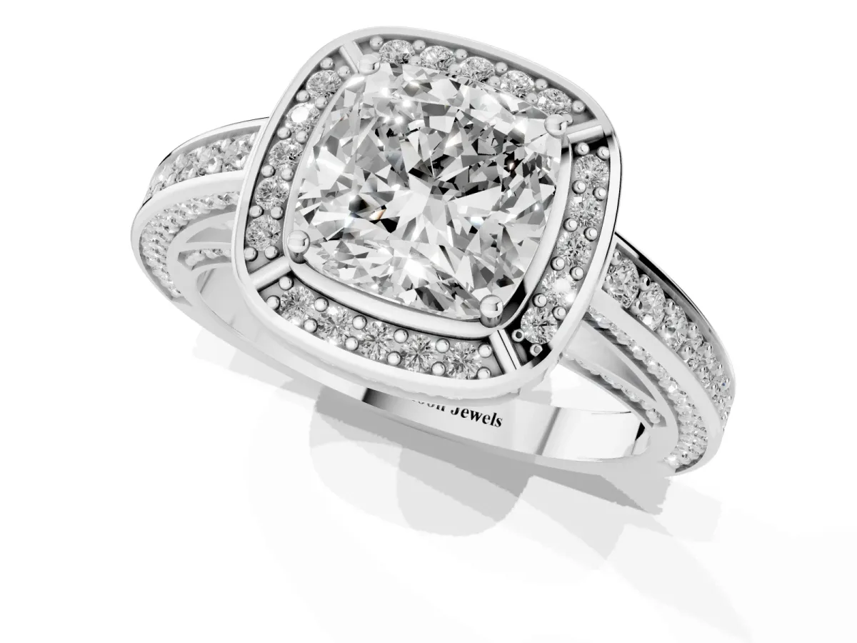 Cushion Cut Cut Halo Pave Split Shank Prong Setting Ring Platinum