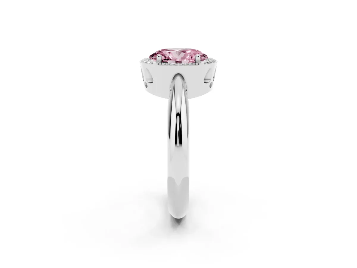 Fancy Pink Oval Cut Cut Diamond Halo Engagement Ring with Split Shank and Four-Prong Setting Silver