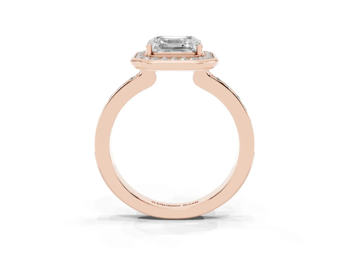 Asscher Cut Diamond Halo Ring with Bezel Frame and Pavé Band Rose gold