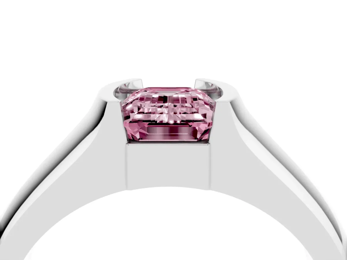 Fancy Pink Emerald Cut Solitaire Bezel Set Diamond Ring with Wide Band Platinum