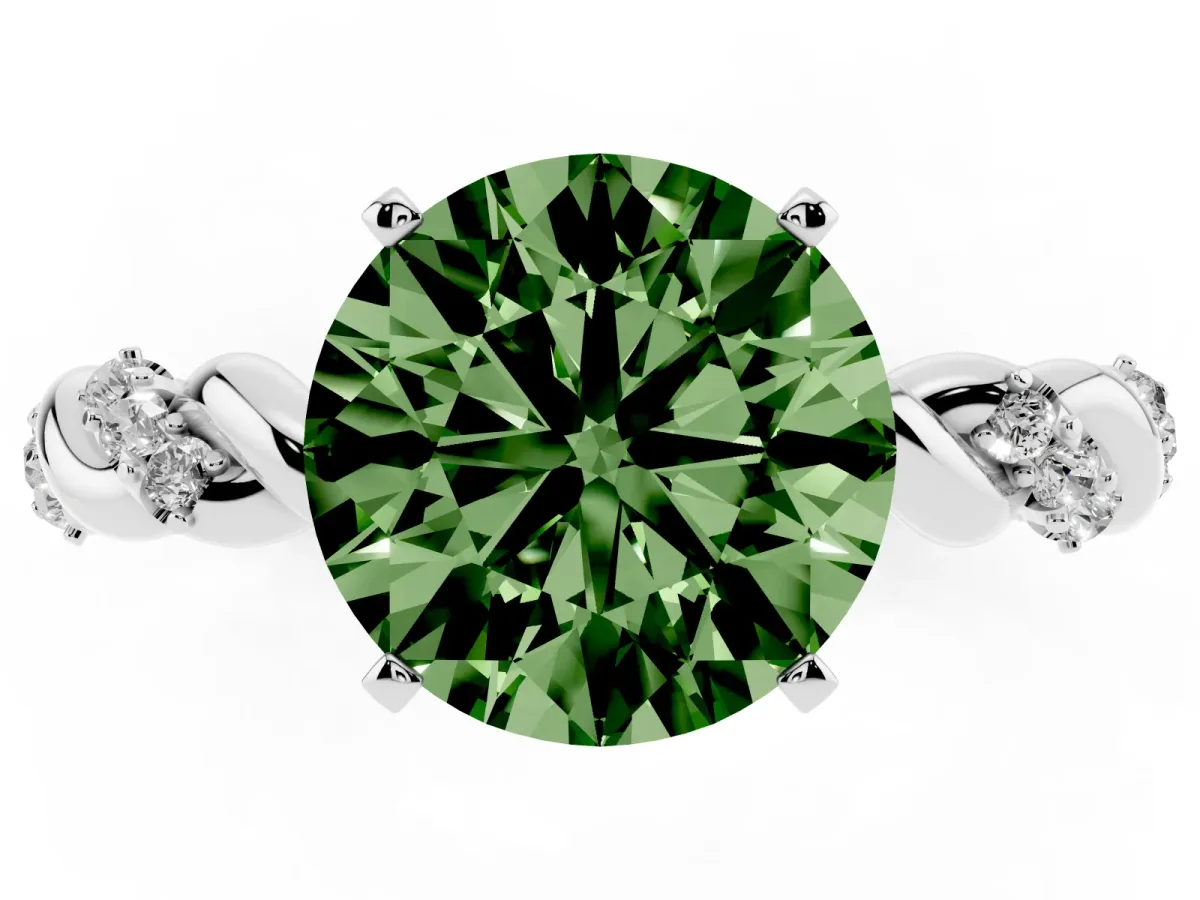 Fancy Green Round Cut Diamond Solitaire Ring with Twisted Band and Pavé Accents Silver