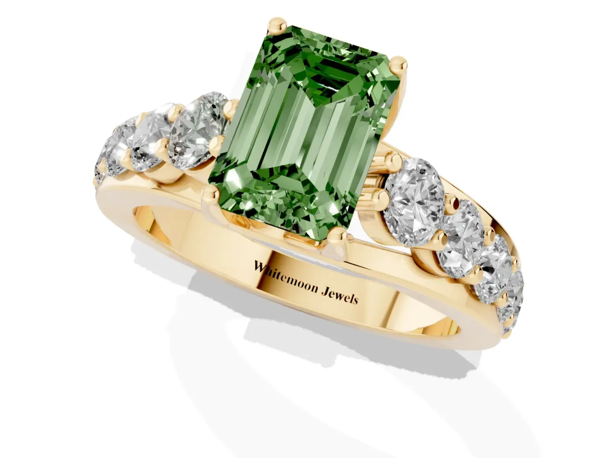 Fancy Green Emerald Cut Diamond Engagement Ring with Pavé Band and Four-Prong Setting Yellow gold