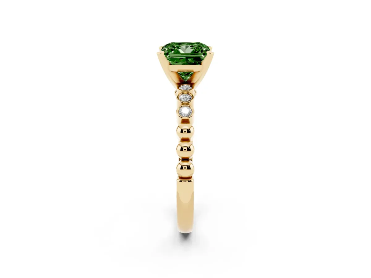 Fancy Green Princess Cut Solitaire Bezel Accent Diamond Engagement Ring with Beaded Band and Four-Prong Setting Yellow gold