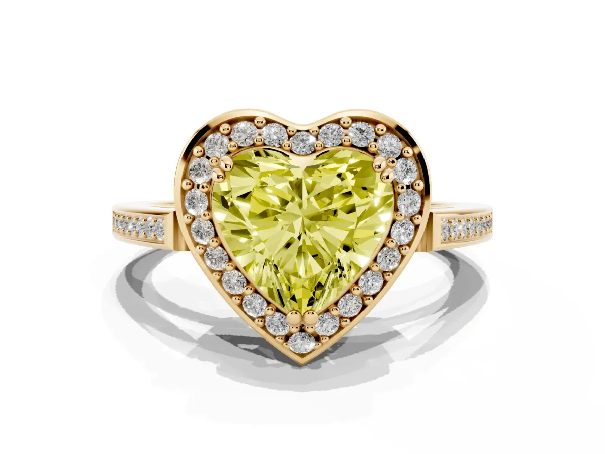 Fancy Yellow Heart Cut Diamond Halo Ring with Split Shank and Four-Prong Setting Yellow gold