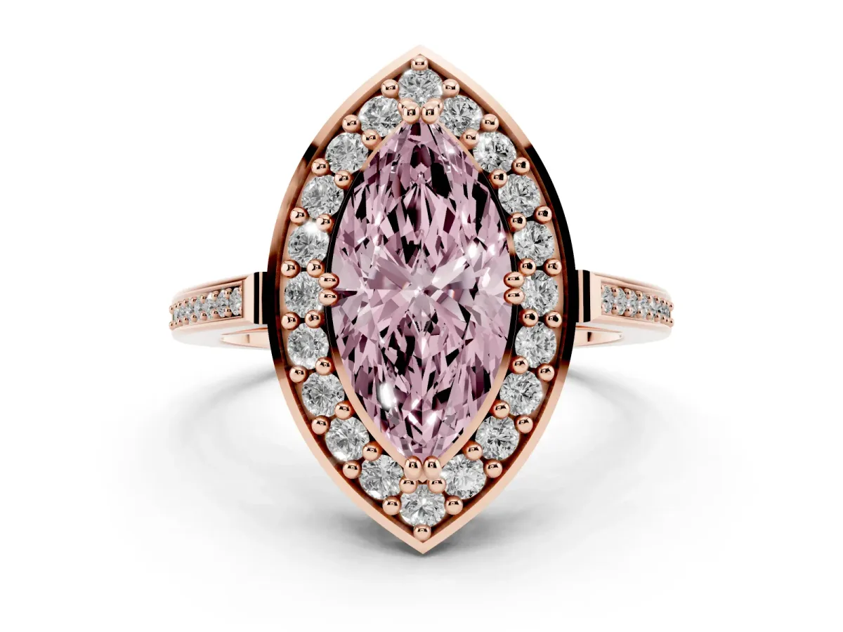 Fancy Pink Marquise Cut Diamond Halo Ring with Split Shank and Four-Prong Setting Rose gold