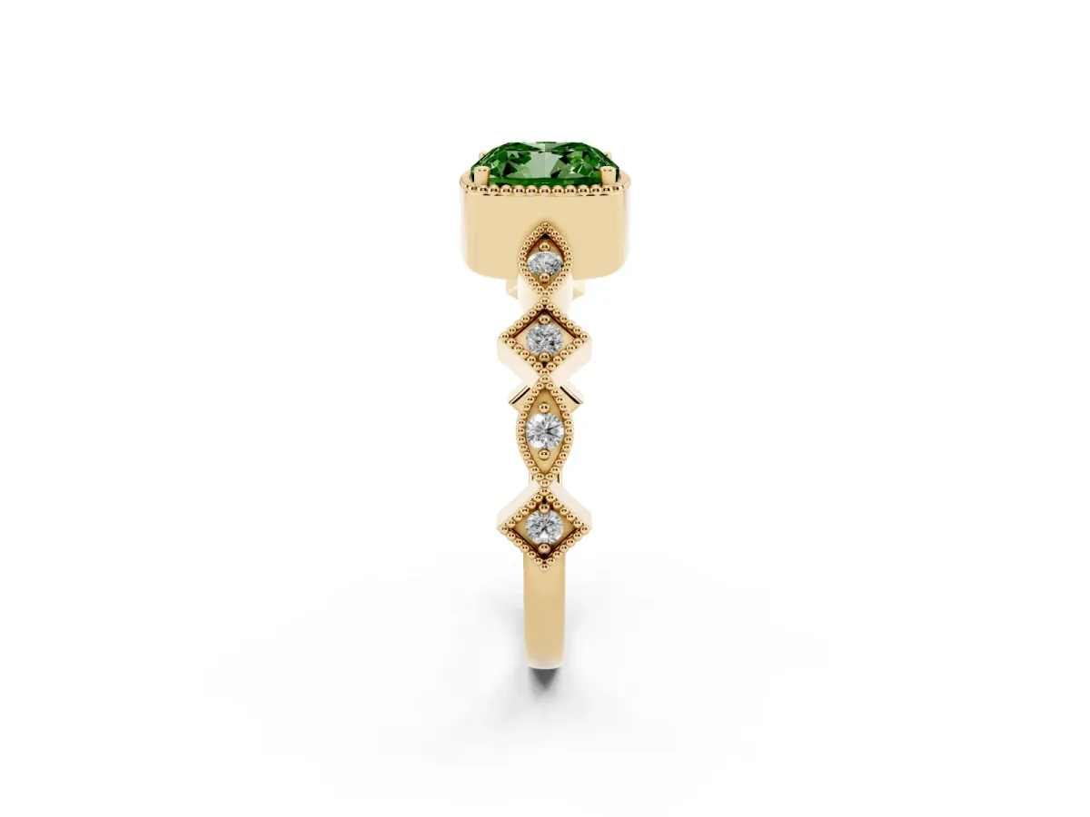 Fancy Green Cushion Cut Milgrain Marquise Diamond Twist Band Ring Yellow gold