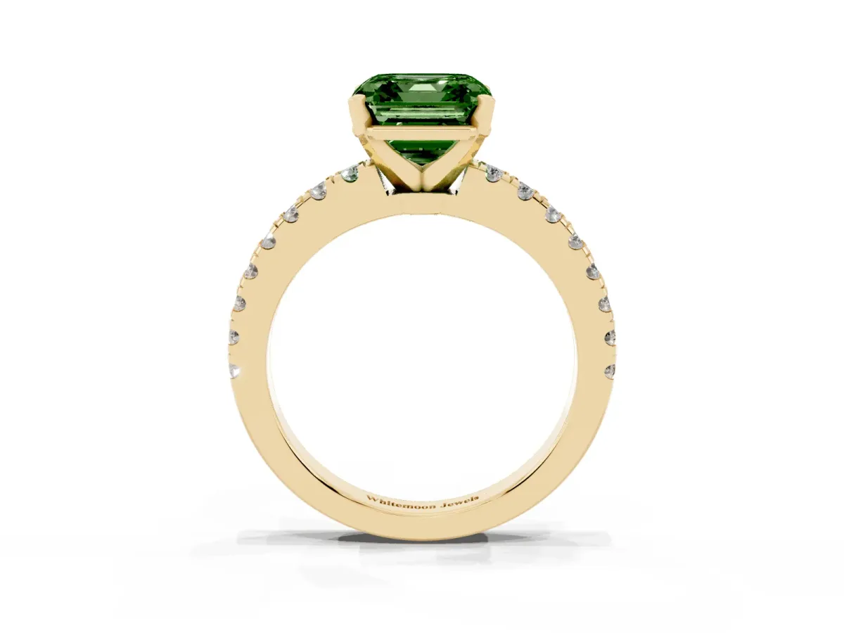 Fancy Green Asscher Cut Solitaire Diamond with Pavé Band and Four-Prong Setting Yellow gold