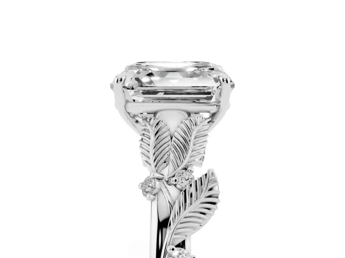 Asscher Cut Diamond Solitaire Ring with Leaf Motif Band and Four-Prong Setting Silver