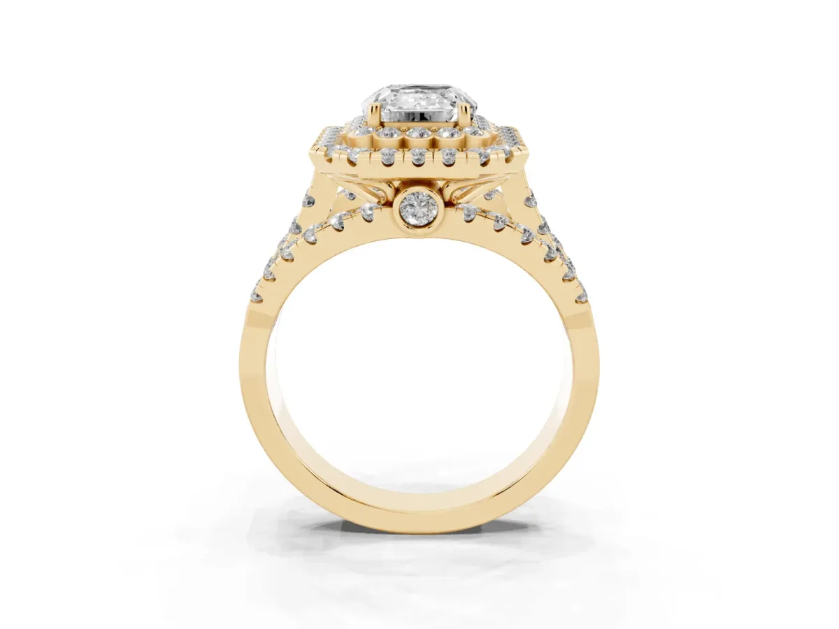 Emerald Cut Diamond Double Halo Ring with Round Pavé Split Shank and Prong Setting Yellow gold