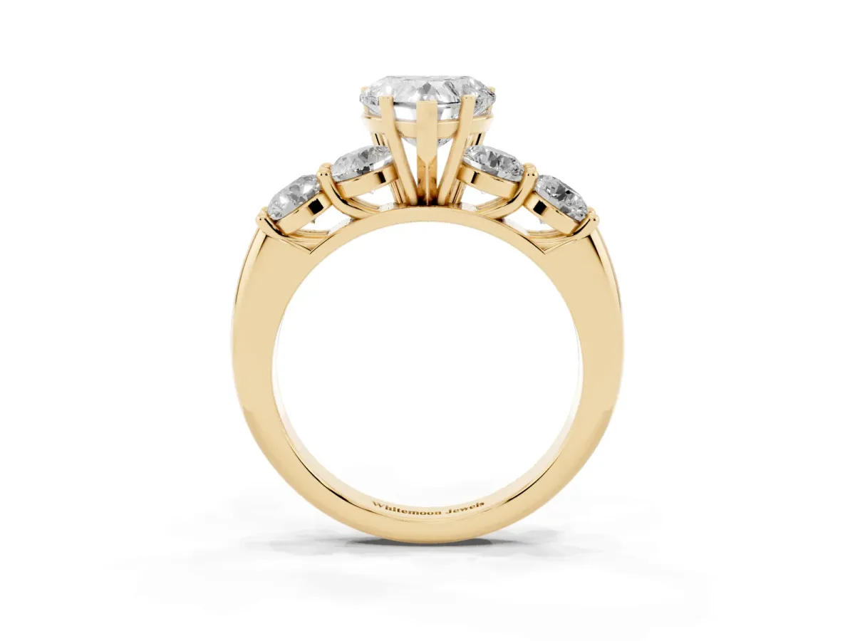 Heart Cut Cut Five-Stone Prong Set Diamond Ring with Classic Band Yellow gold