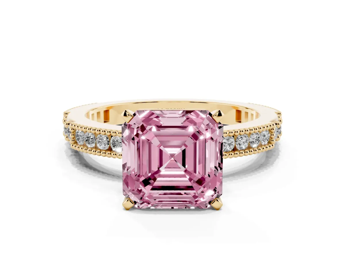 Fancy Pink Asscher Cut Solitaire with Pavé Band and Four-Prong Setting Yellow gold