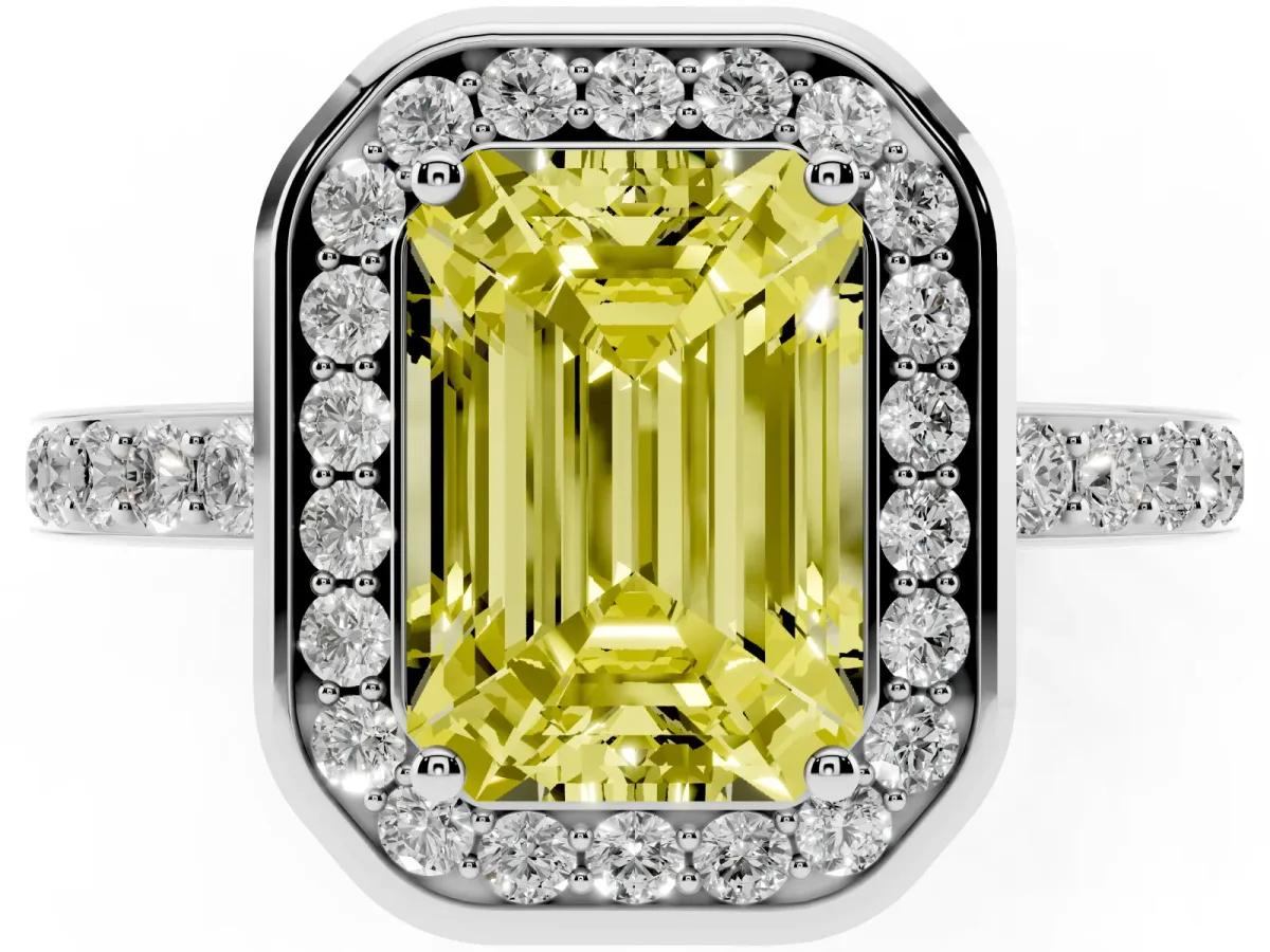 Fancy Yellow Emerald Cut Diamond Halo Ring with Bezel Frame and Pavé Band Silver
