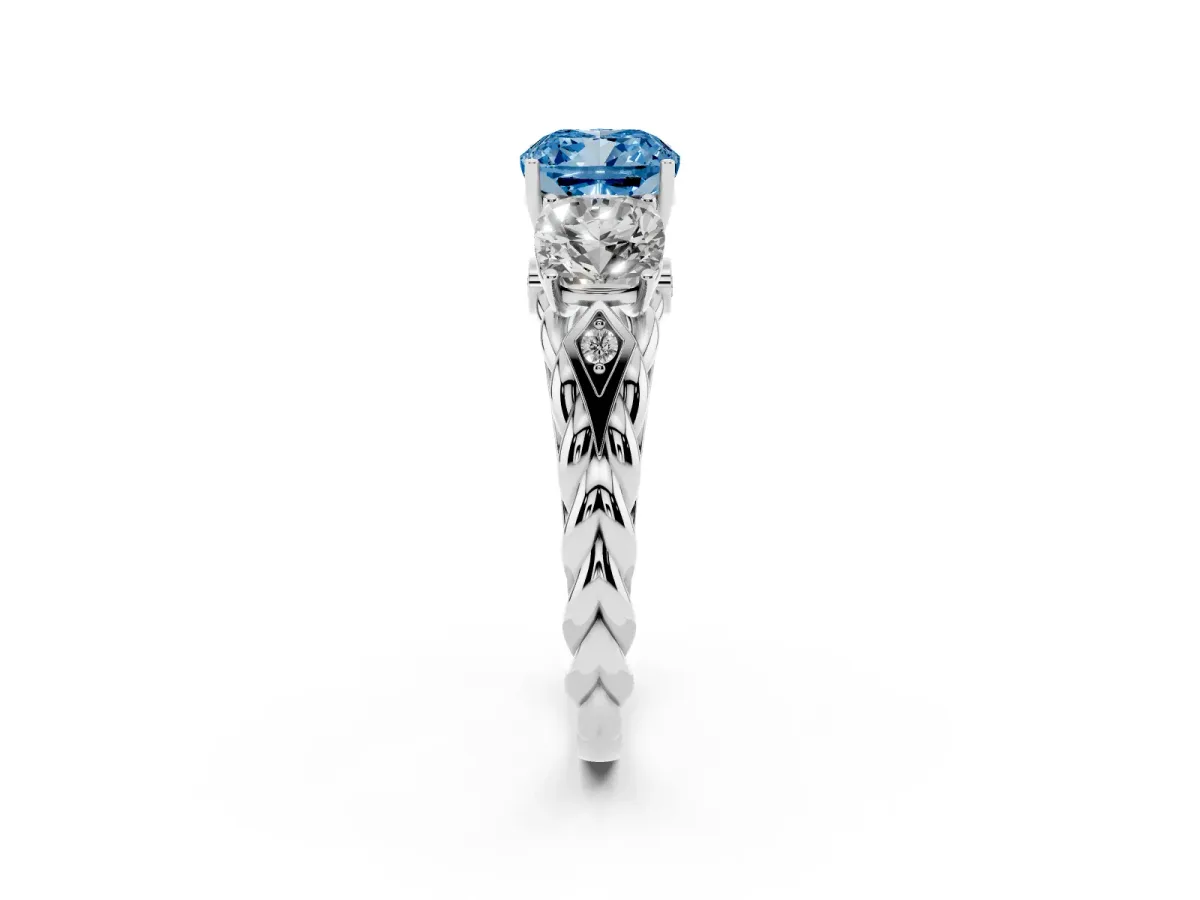Fancy Blue Three-Stone Cushion Cut Diamond Braided Band Ring with Four-Prong Setting Platinum