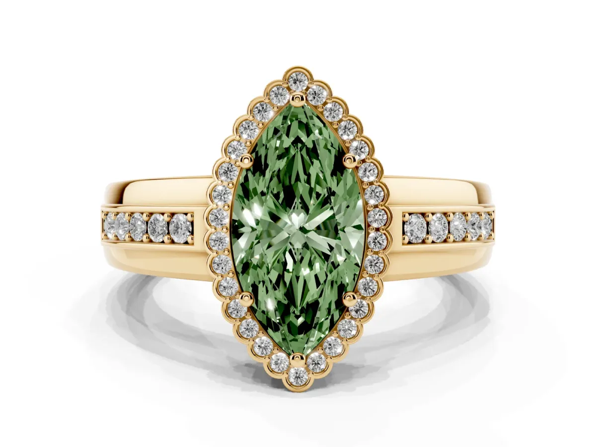 Fancy Green Marquise Cut Cut Halo Pave Band Four-Prong Ring Yellow gold
