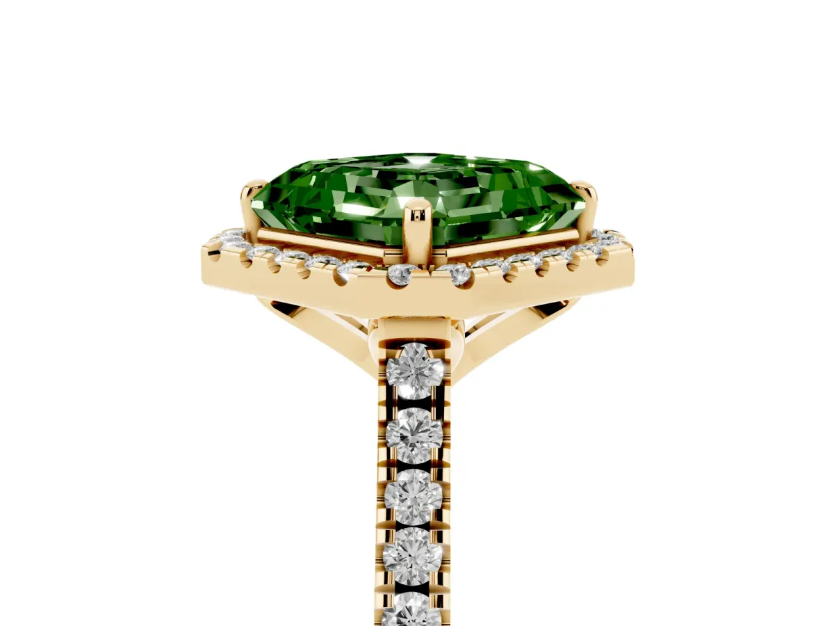 Fancy Green Asscher Cut Diamond Cushion Halo Ring with Pavé Band Yellow gold