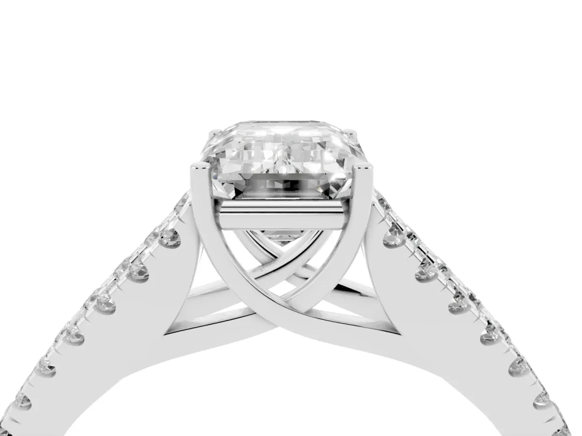 Emerald Cut Diamond Split Shank Engagement Ring with Round Pavé and Prong Setting Platinum