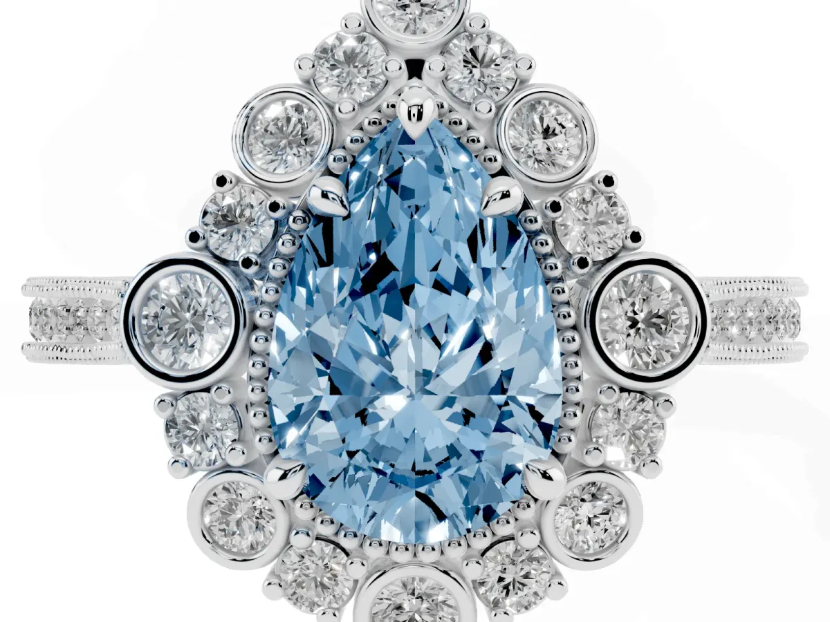 Fancy Blue Pear Cut Halo Milgrain Pave Diamond Ring with Four-Prong Setting Silver