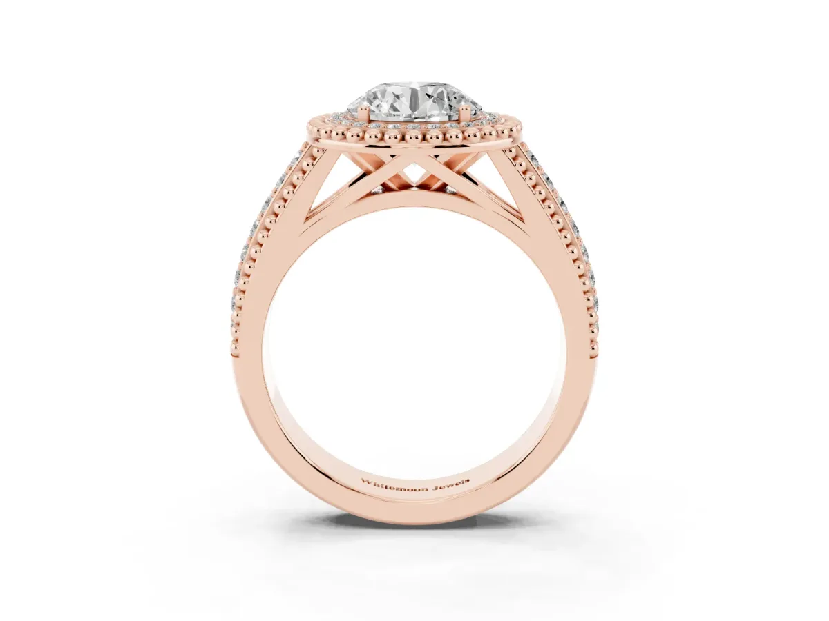 Round Cut Halo Diamond Ring with Beaded Split Shank and Four-Prong Setting Rose gold