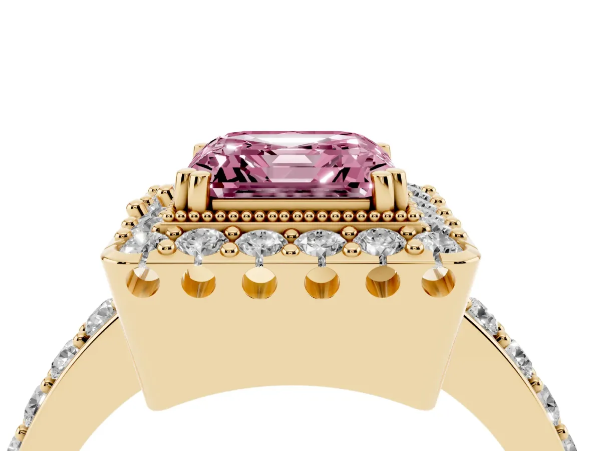 Fancy Pink Asscher Cut Diamond Halo Ring with Pavé Band and Prong Setting Yellow gold
