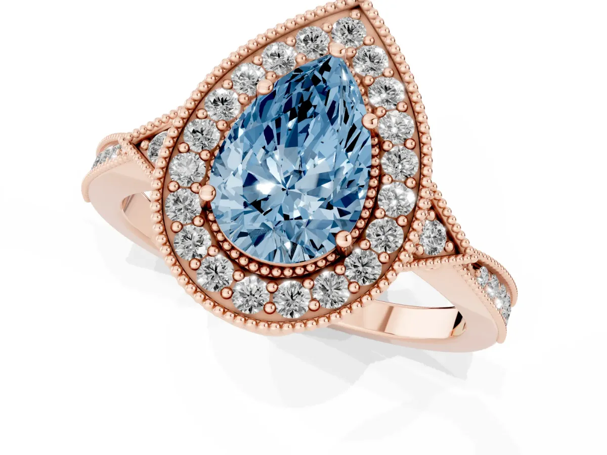 Fancy Blue Pear Cut Halo Round Diamond Milgrain Pave Engagement Ring Rose gold