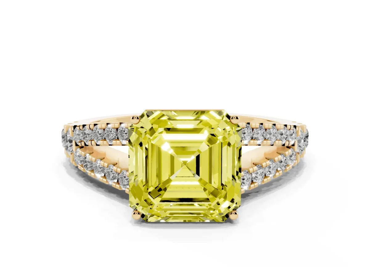 Fancy Yellow Asscher Cut Diamond Split Shank Pavé Engagement Ring with Four-Prong Setting Yellow gold